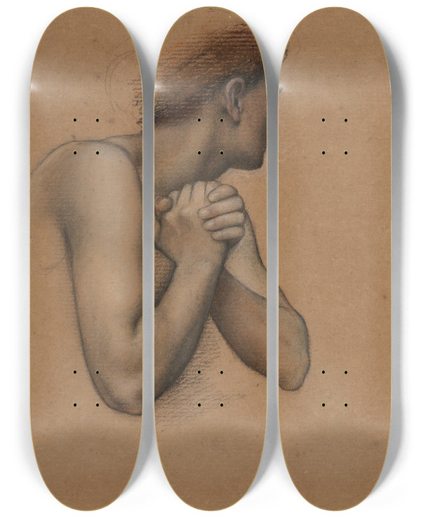 Triptych art skateboard deck of Evelyn De Morgan Figure Study With Clenched Hands by Evelyn De Morgan (1855-1919)