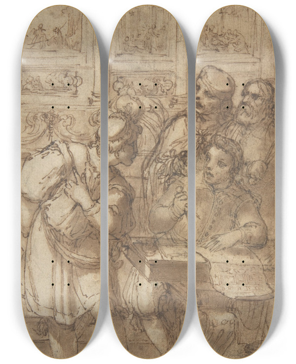 Triptych art skateboard deck of Agostino Tassi Architect In His Study Holding A Compass And Conversing With Three Men by Agostino Tassi (1578-1644)