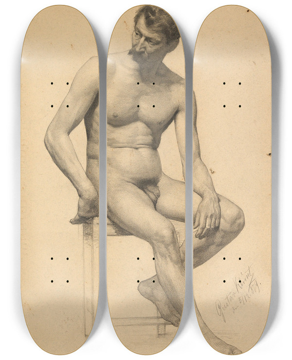 Triptych art skateboard deck of Gustav Klimt Sitzender Mnnlicher Akt by Gustav Klimt (1862-1918)