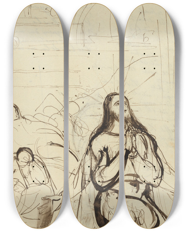 Triptych art skateboard deck of Benjamin Robert Haydon Study For Agony In The Garden by Benjamin Robert Haydon (1786-1846)