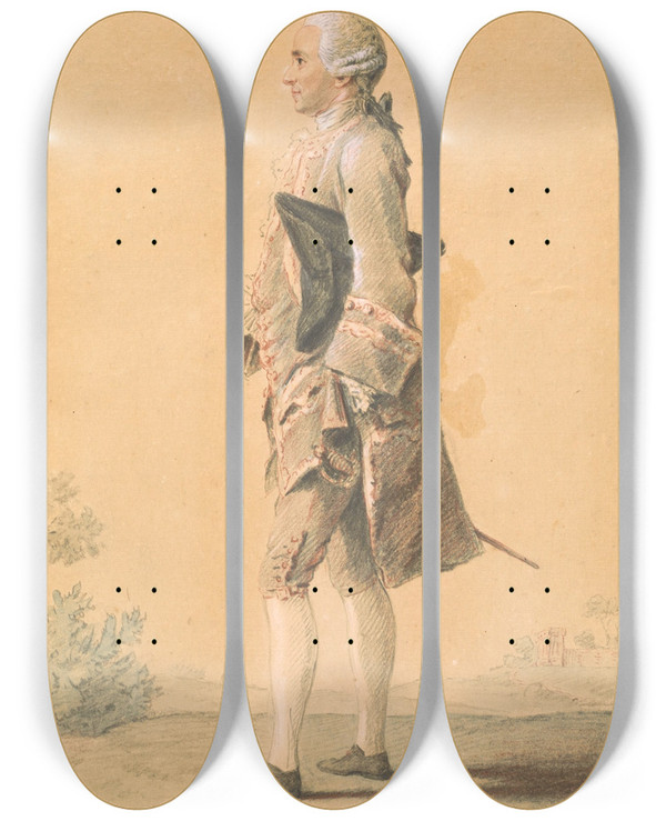 Triptych art skateboard deck of Louis Carrogis Carmontelle Man Standing With Hat Under Arm by Louis Carrogis Carmontelle (1717-1806)