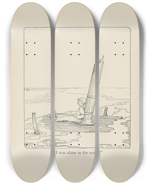 Triptych art skateboard deck of Hugh Lofting I Was Alone In The Ocean by Hugh Lofting (1886-1947)
