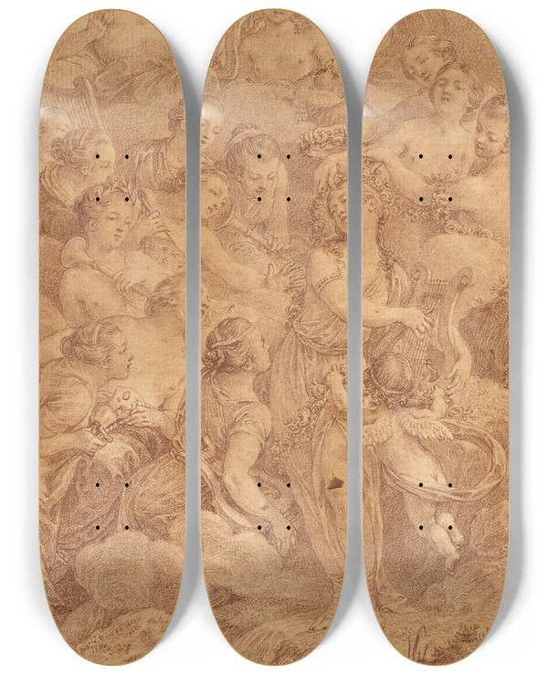 Triptych art skateboard deck of Charles Nicolas Cochin Ii Lorigine Des Grces Frontispice Et Le Cortge De Bacchus by Charles Nicolas Cochin Ii (1715-1790)