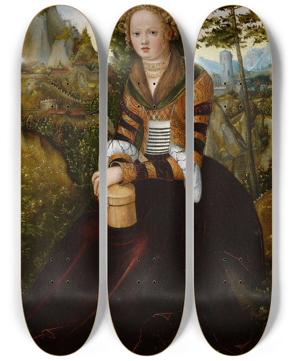 Triptych art skateboard deck of Lucas Cranach The Elder The Magdalene by Lucas Cranach The Elder (1472-1553)