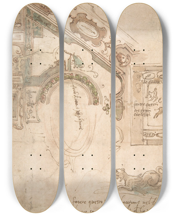 Triptych art skateboard deck of Antenore Ridolfi Quarter Plan For A Coved Ceiling by Antenore Ridolfi (1538-1575)