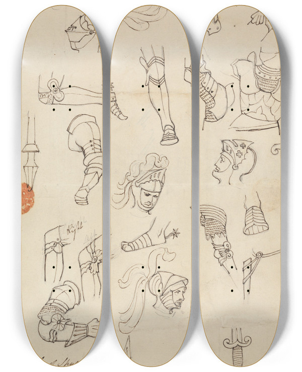 Triptych art skateboard deck of Robert Smirke Studies For Armour by Robert Smirke (1752-1845)