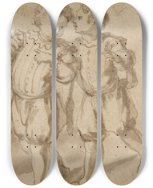 Triptych art skateboard deck of Bernardino Rodriguez Two Young Pageboys by Bernardino Rodriguez (1600-1650)