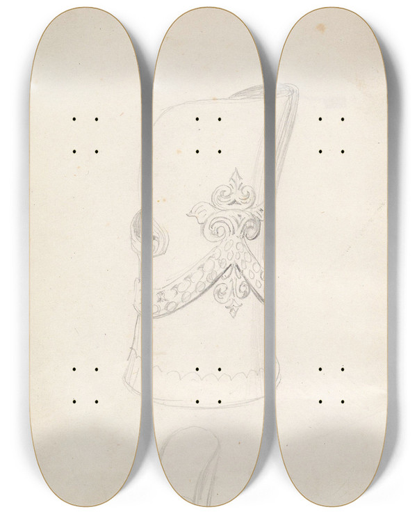 Triptych art skateboard deck of Adolph Tidemand Kubbestoler Ben I Tuddal by Adolph Tidemand (1814-1876)