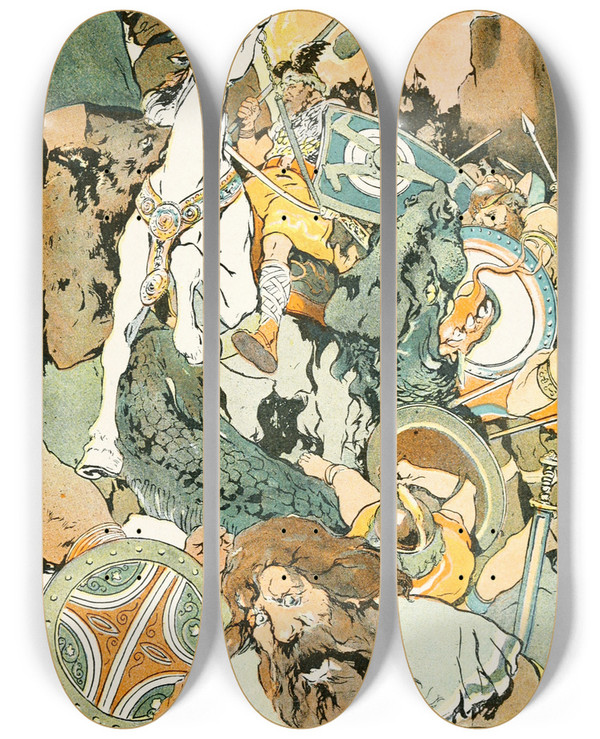 Triptych art skateboard deck of George Hand Wright Then The Awfl Fight Began by George Hand Wright (1872-1951)