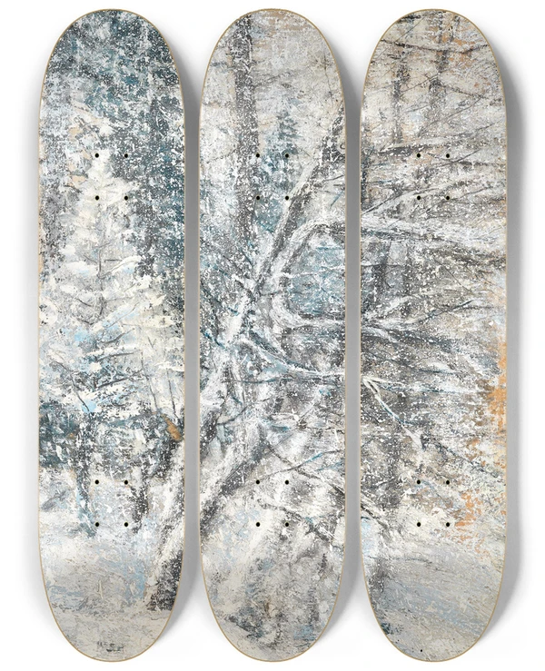 Triptych art skateboard deck of Ladislav Mednynszky A Wintry Forest by Ladislav Mednyanszky (1852-1919)