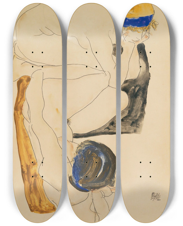 Triptych art skateboard deck of Egon Schiele Two Reclining Figures by Egon Schiele (1890-1918)