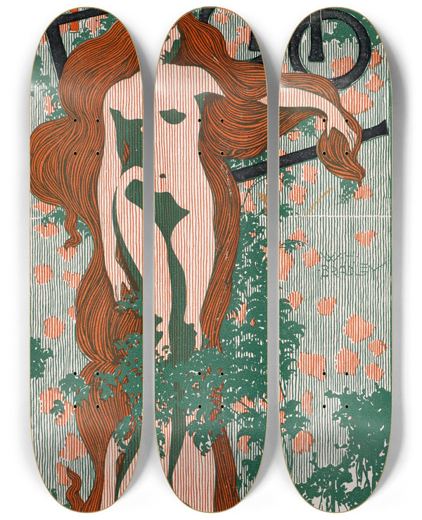 Triptych art skateboard deck of Will Bradley The Echo Chicago June 1 1895 by Will Bradley (1868-1962)