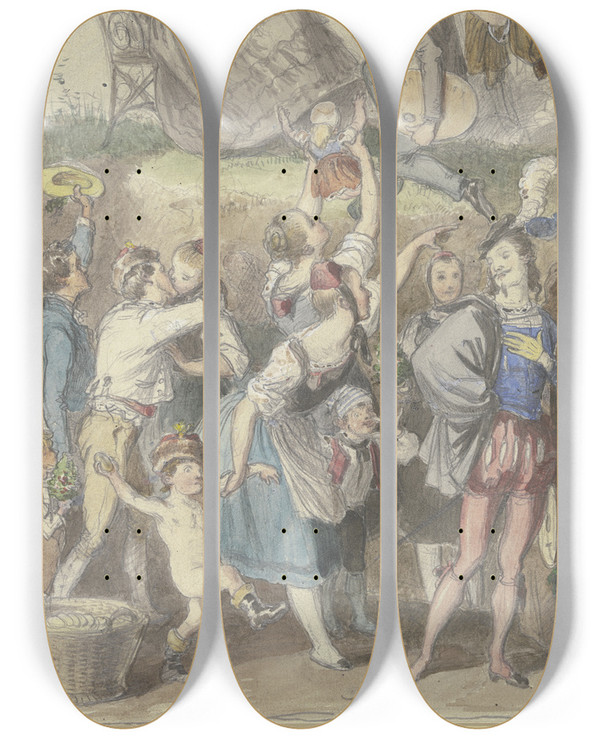 Triptych art skateboard deck of Albert Hendschel Bekrnzung Eines Knstlers Unterhalb Viel Volk_2 by Albert Hendschel (1834-1883)