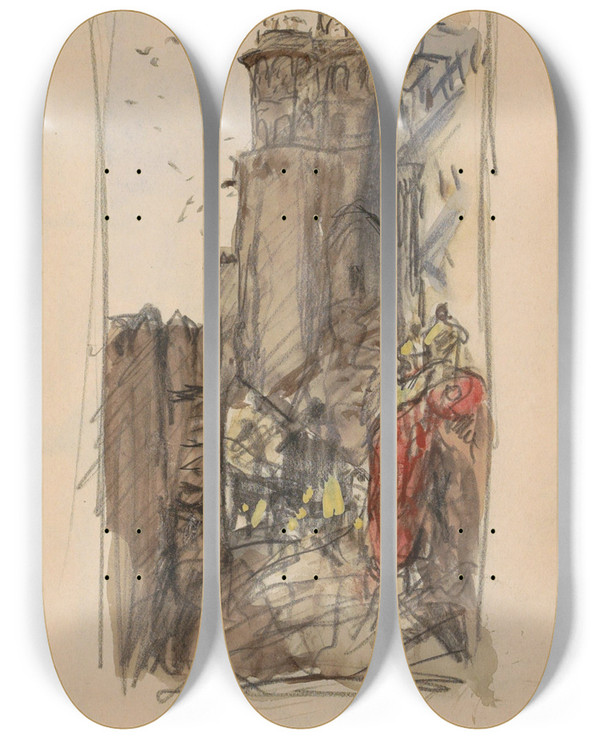 Triptych art skateboard deck of Marius Bauer Straat Met Figuren_4 by Marius Bauer (1867-1932)