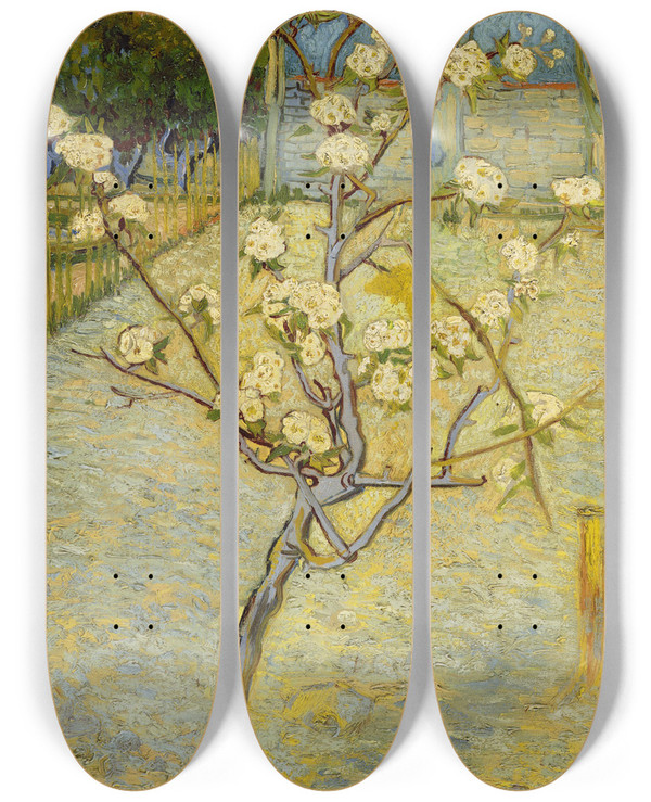 Triptych art skateboard deck of Vincent Van Gogh Small Pear Tree In Blossom by Vincent van Gogh (1853-1890)
