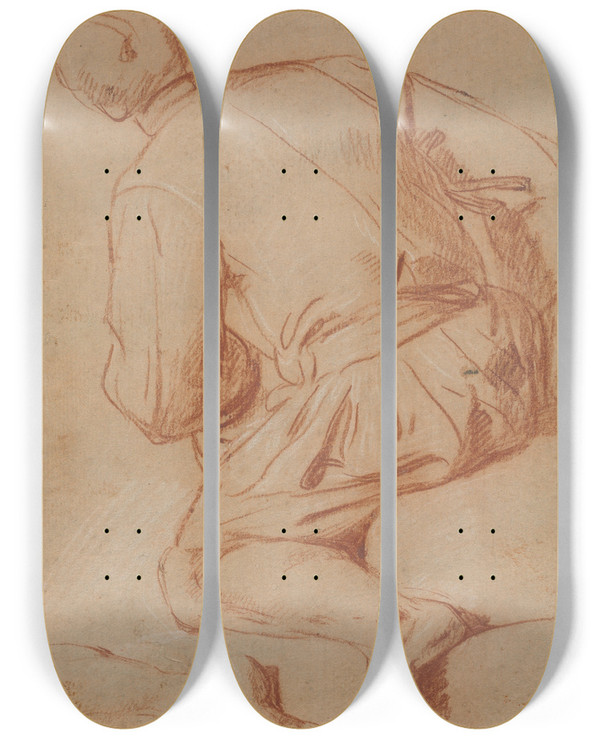 Triptych art skateboard deck of Carlo Vimercati Rear View Of Seated Man by Carlo Vimercati (1660-1715)