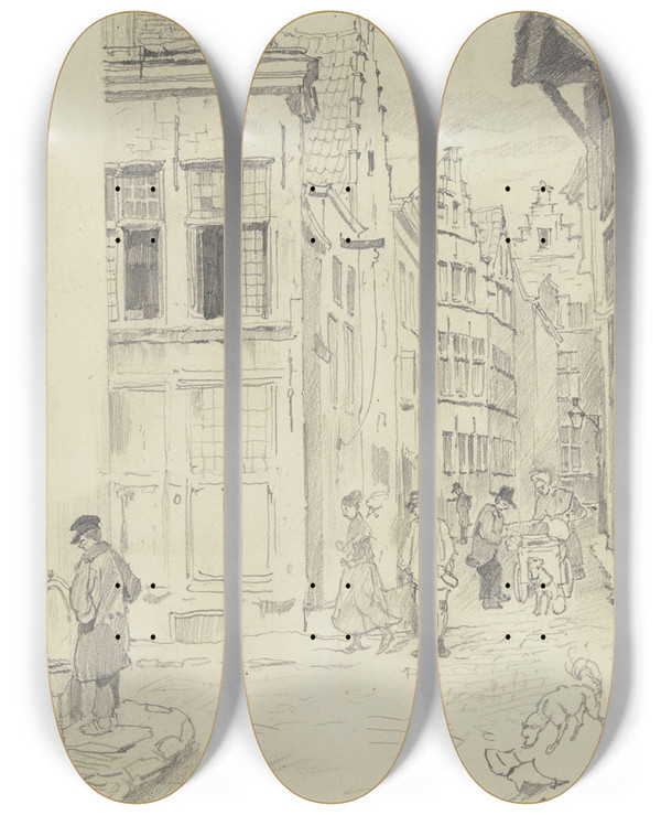 Triptych art skateboard deck of Rudolf Hirth Du Frnes Alley In Antwerp by Rudolf Hirth du Frnes (1846-1916)
