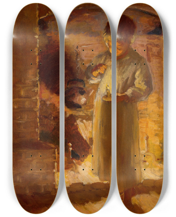 Triptych art skateboard deck of Adam Emory Albright Fireside Candlelight by Adam Emory Albright (1862-1957)