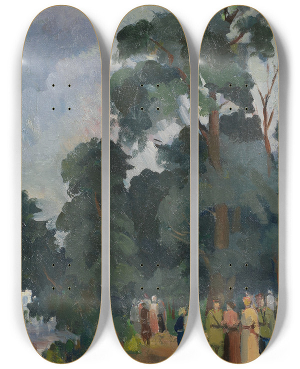 Triptych art skateboard deck of Nicolai Mikhailovich Grigoriev By The Pond by Nikolai Mikhailovich Grigoriev