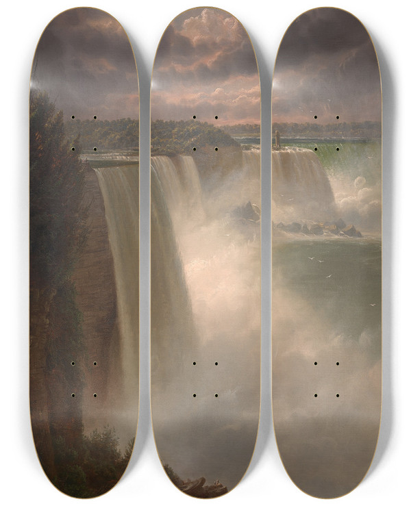 Triptych art skateboard deck of Ferdinand Richardt Niagarafalls by Ferdinand Richardt (1819-1895)