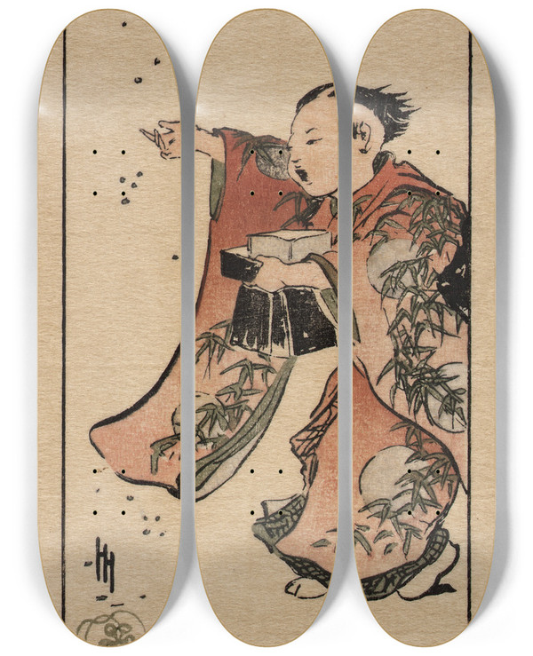 Triptych art skateboard deck of Helen Hyde Casting Out Bad Luck by Helen Hyde (1868-1919)
