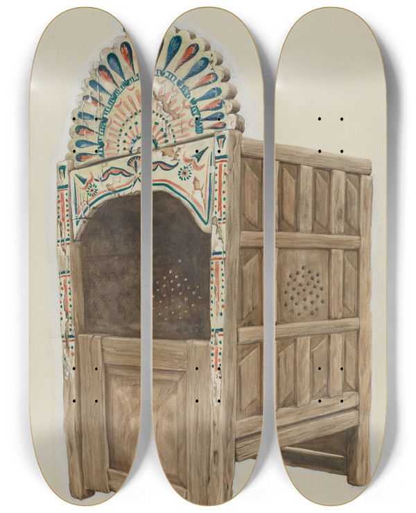 Triptych art skateboard deck of Majel G Claflin Confessional by Majel G Claflin (1893-1941)