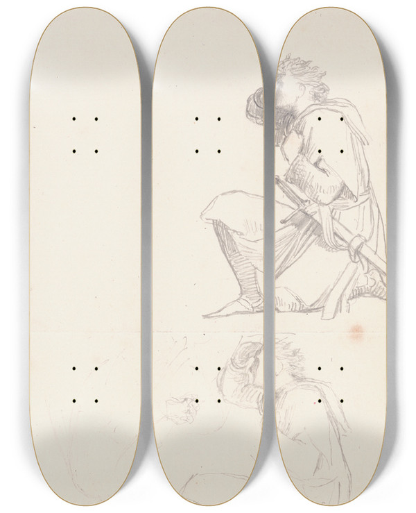 Triptych art skateboard deck of George Frederic Watts Studies Of A Kneeling Knight by George Frederic Watts (1817-1904)