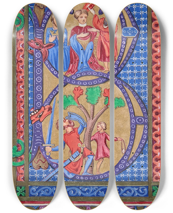 Triptych art skateboard deck of Freeman Gage Delamotte Illuminated Initial B by Freeman Gage Delamotte (1813-1862)
