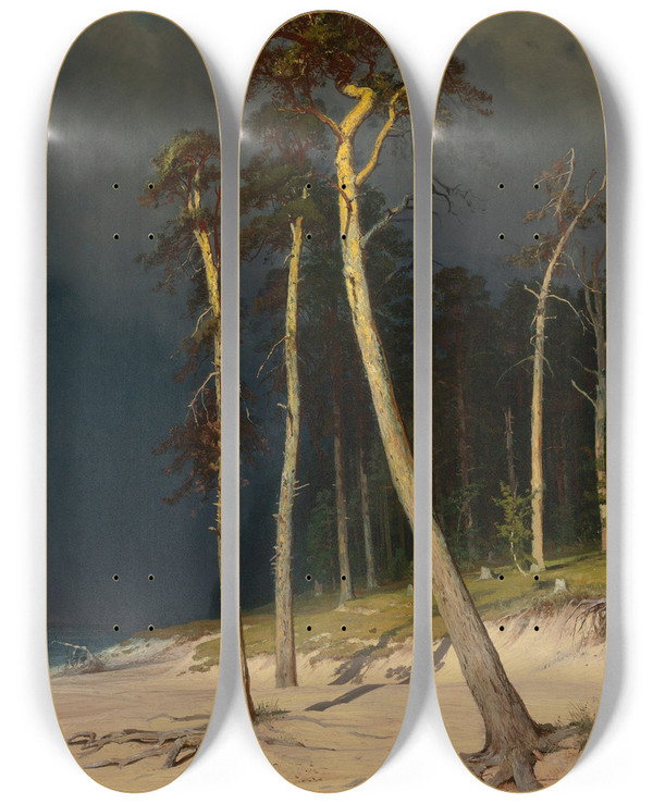 Triptych art skateboard deck of Ivan Ivanovich Shishkin Sandy Coastline by Ivan Ivanovich Shishkin (1832-1898)