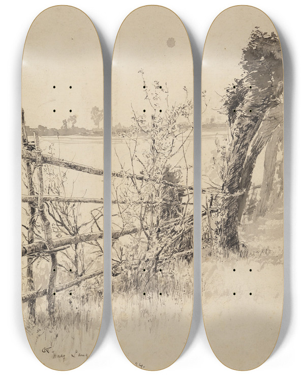 Triptych art skateboard deck of Gustav Kampmann Uferweg An Der Amper Bei Haag by Gustav Kampmann (1859-1917)