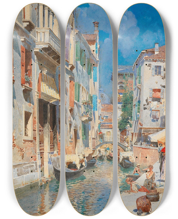 Triptych art skateboard deck of Rubens Santoro A Venetian Canal_1 by Rubens Santoro (1859-1942)