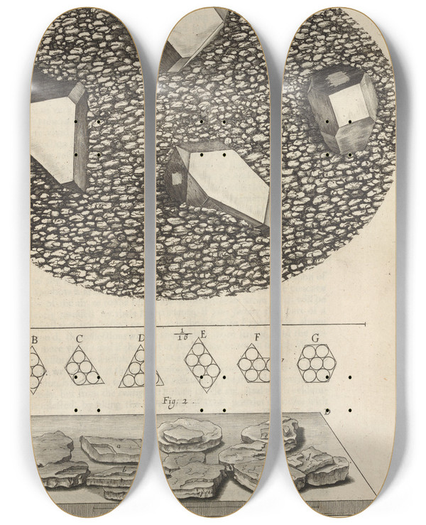 Triptych art skateboard deck of Robert Hooke Microscopic View Of Small Diamants Diamonds by Robert Hooke (1635-1703)