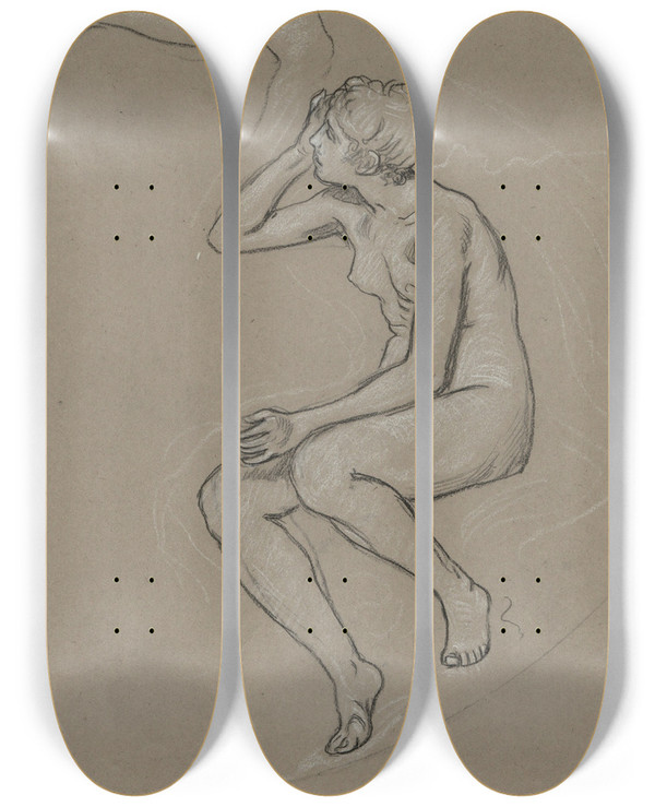 Triptych art skateboard deck of Elihu Vedder Studies For Figure Ofspring_2 by Elihu Vedder (1836-1923)