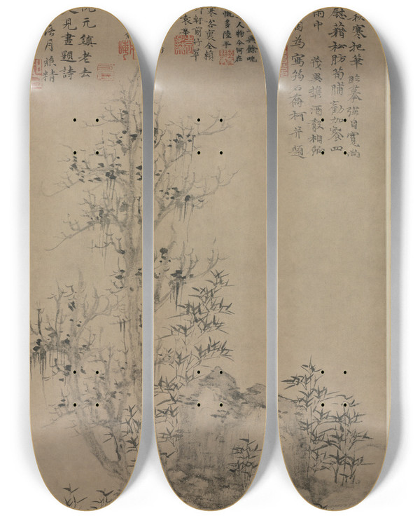 Triptych art skateboard deck of Ni Zan Bamboo Rock And Tall Tree by Ni Zan (1301-1374)