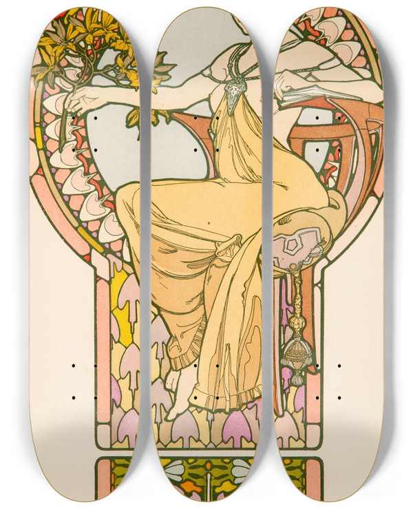 Triptych art skateboard deck of Alphonse Mucha Seated Woman Plate No 48 From Documents Dcoratifs by Alphonse Mucha (1860-1939)