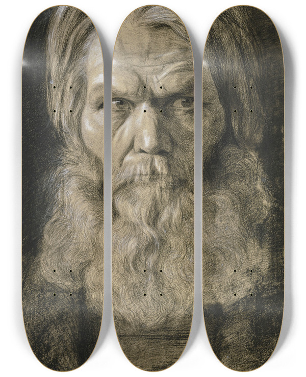 Triptych art skateboard deck of Victor Mller Brtiger Alter Mann Mit Ppigem Haupthaar In Vorderansicht Den Blick Nach Rechts Gerichtet by Victor Muller (1829-1871)