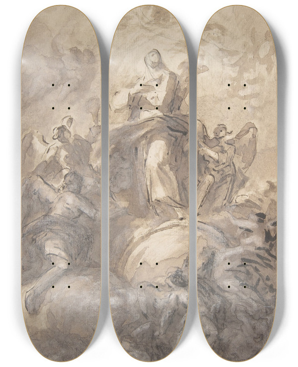 Triptych art skateboard deck of Domenico Mondo The Virgin Immaculate In Glory by Domenico Mondo (1723-1806)