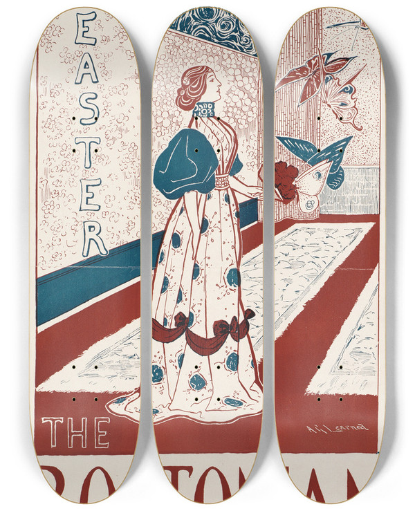 Triptych art skateboard deck of Arthur Garfield Learned The Bostonian Easter by Arthur Garfield Learned (1872-1959)
