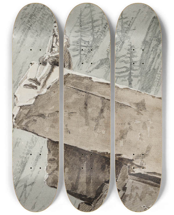 Triptych art skateboard deck of Martinus Rrbye En Mand Der Sidder P Et Klippefremspring I Baggrunden En Bjergskrning by Martinus Rorbye (1803-1848)