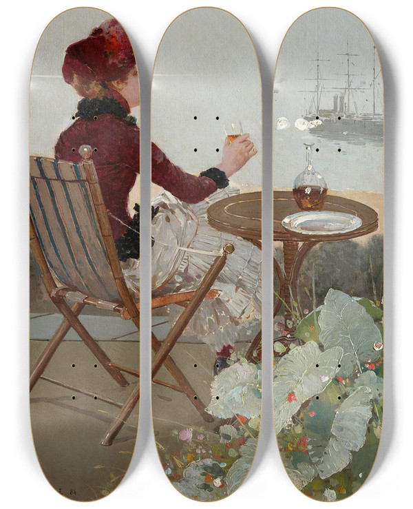 Triptych art skateboard deck of Jean Braud Seaside Caf by Jean Beraud (1849-1935)