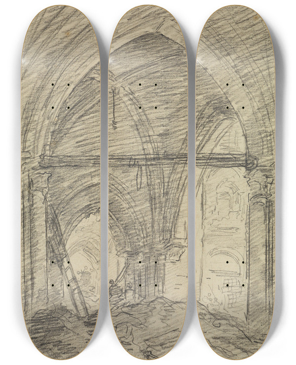 Triptych art skateboard deck of Hubert Robert Abbruch Eines Gotischen Kirchenraums by Hubert Robert (1733-1808)