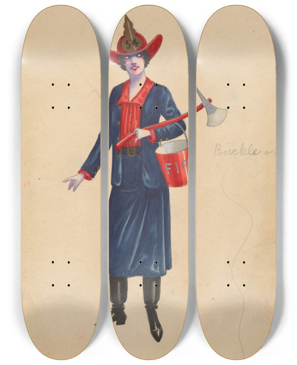 Triptych art skateboard deck of Will R Barnes Fire Fighters 2 by Will R Barnes (1939)