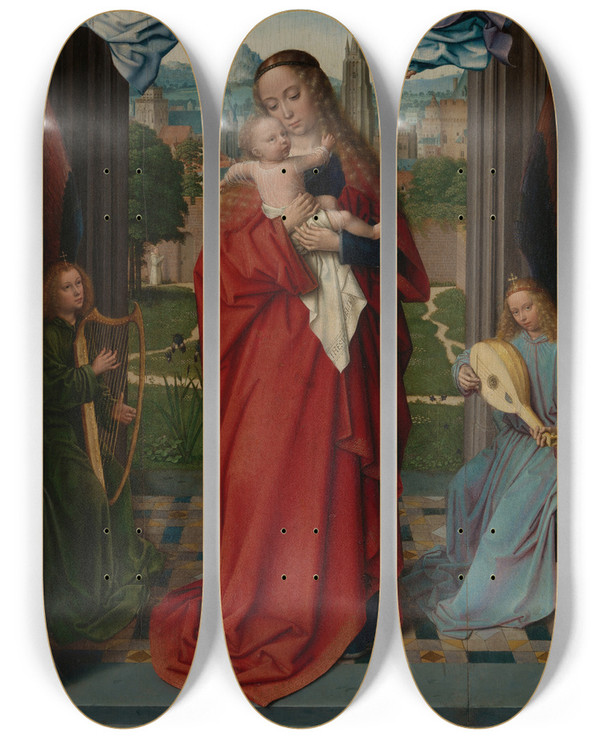Triptych art skateboard deck of Gerard David Virgin And Child With Four Angels by Gerard David (1460-1523)