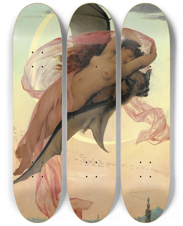 Triptych art skateboard deck of Gabriel Ferrier Moonlit Dreams by Gabriel Ferrier (1847-1914)