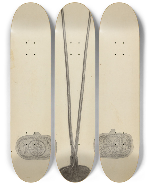 Triptych art skateboard deck of Bernard Westmacott Wafer Irons by Bernard Westmacott