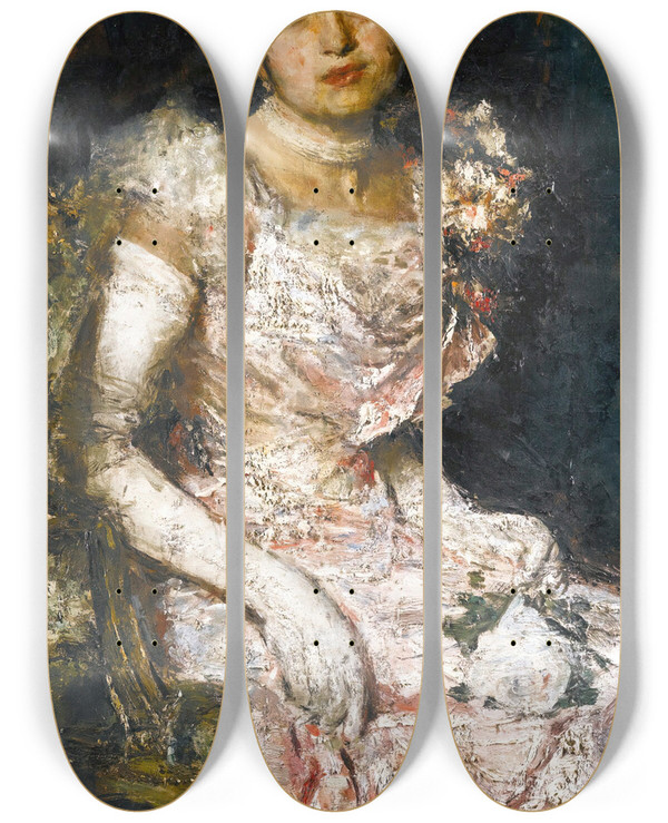 Triptych art skateboard deck of Antonio Mancini Before The Ball by Antonio Mancini (1852-1930)