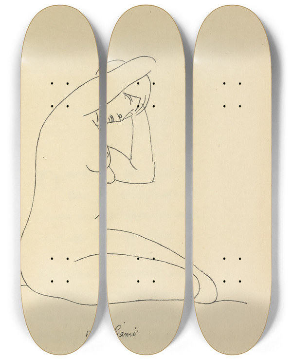 Triptych art skateboard deck of Amedeo Modigliani Les Nymphes 1 by Amedeo Modigliani (1884-1920)