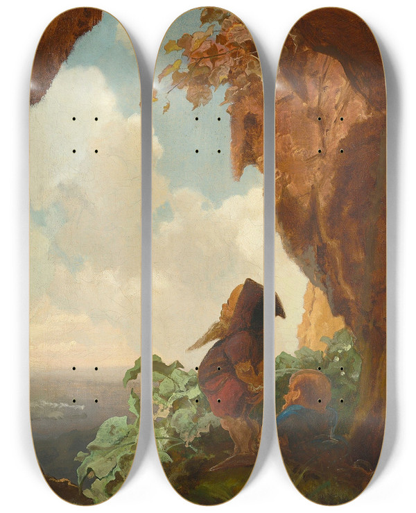 Triptych art skateboard deck of Carl Spitzweg Die Erste Eisenbahn by Carl Spitzweg (1808-1880)