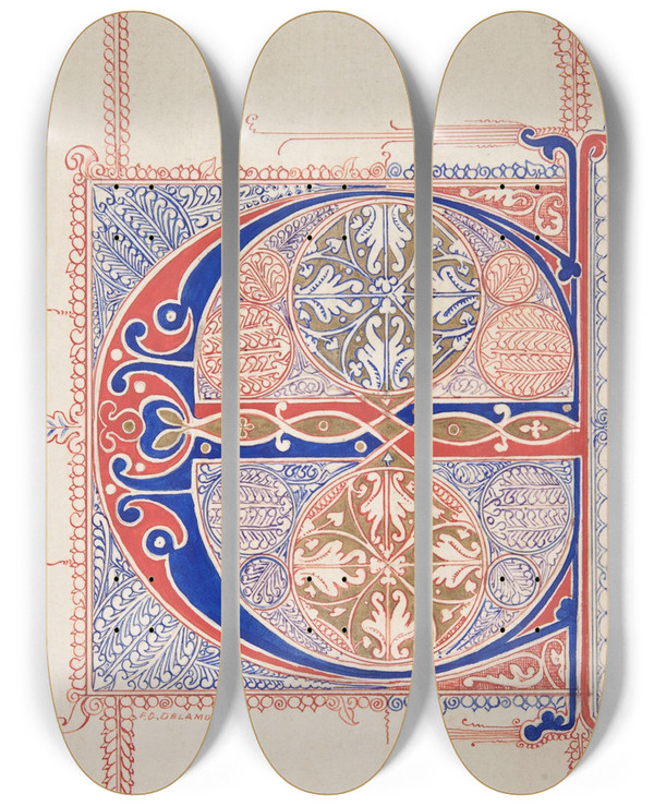 Triptych art skateboard deck of Freeman Gage Delamotte Illuminated Initial C by Freeman Gage Delamotte (1813-1862)