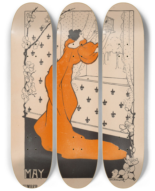 Triptych art skateboard deck of Abby E Underwood Romance For May by Abby E Underwood (1871-1941)